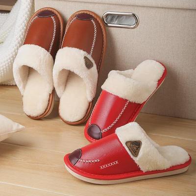 Women's Winter Waterproof Non-Slip Leather Slippers with Velvet Lining