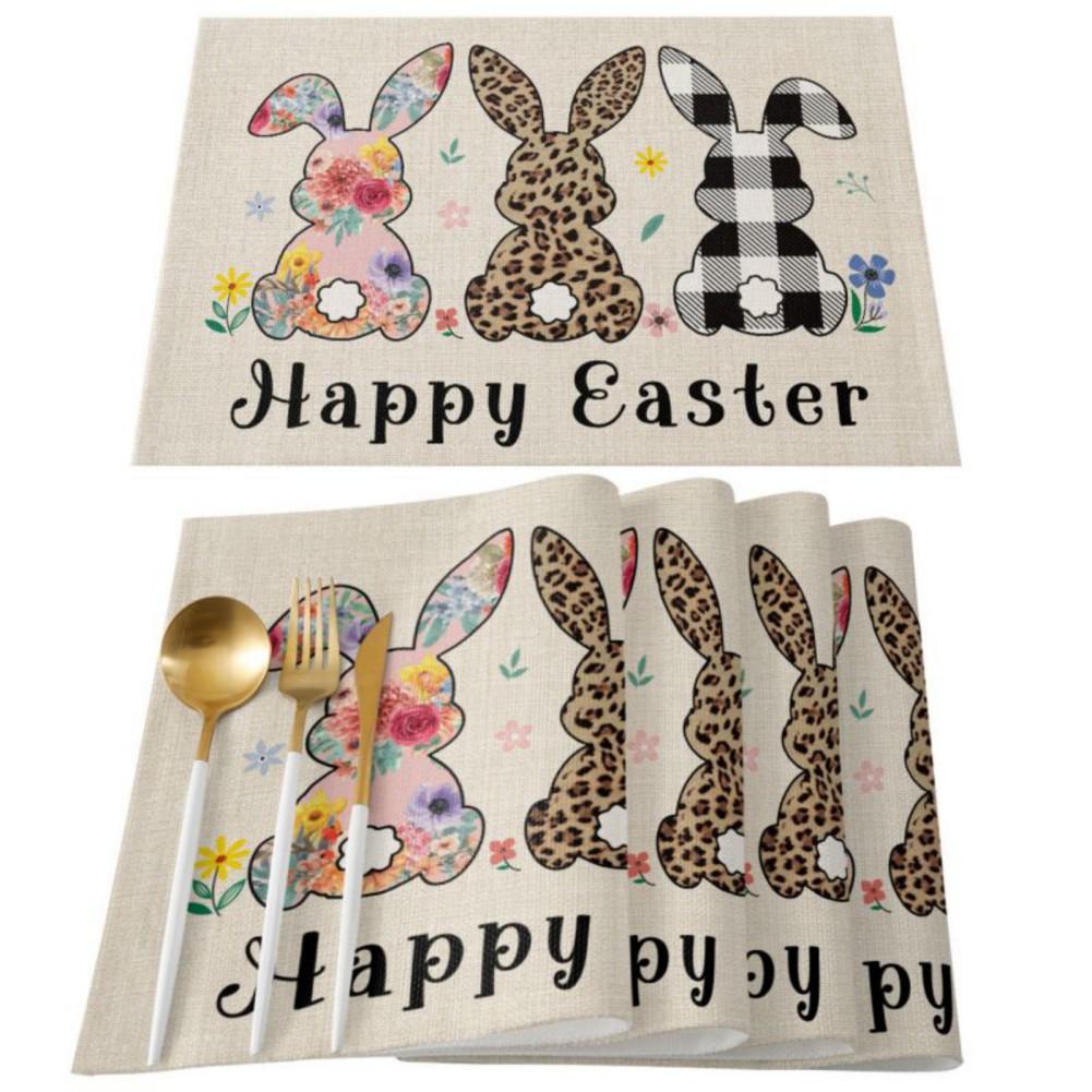 4pcs Easter Placemats Cotton Linen Heat Resistant Table Mats Non-Slip Easter Bunny Gnome Placemat Decoration for Home Kitchen