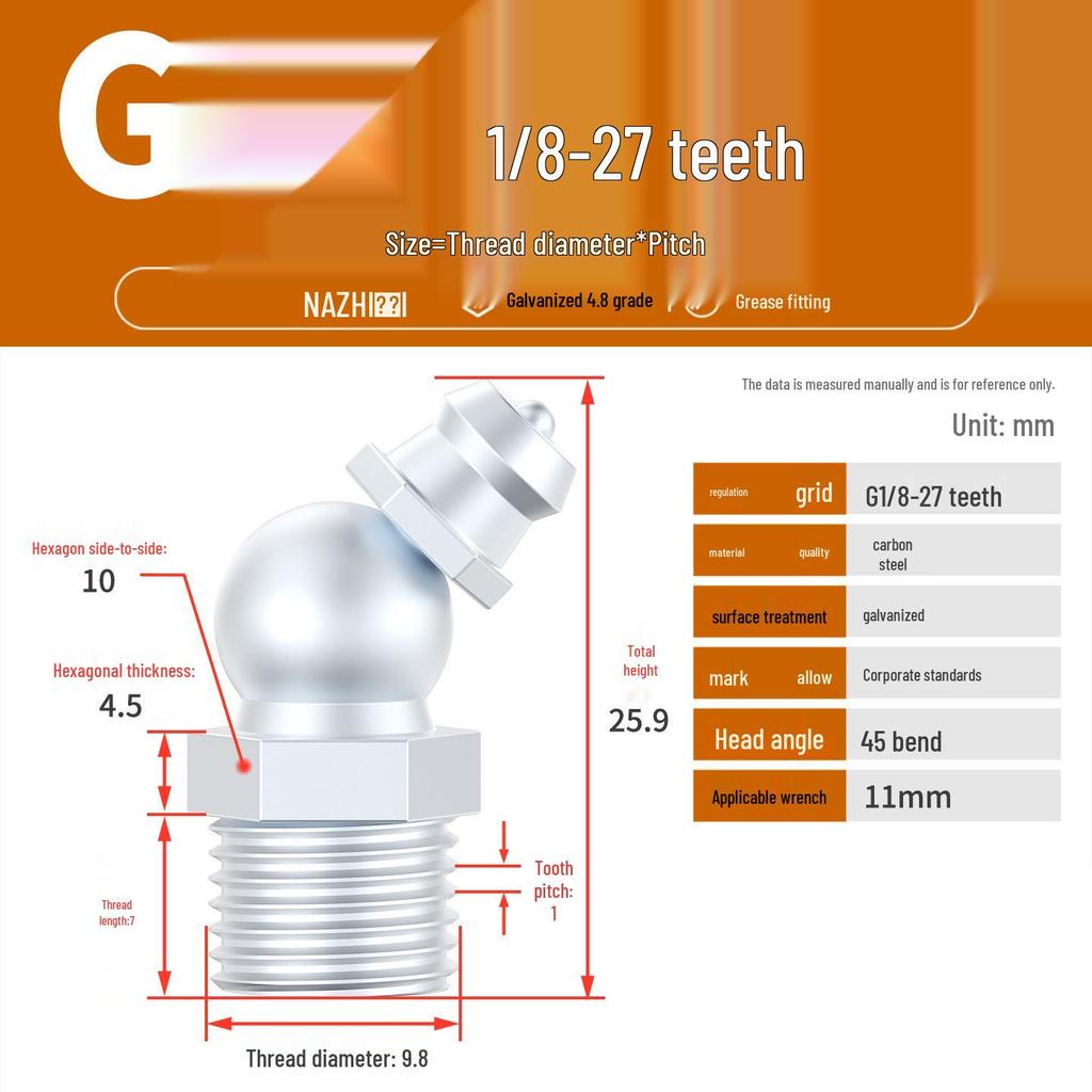 Nickel-Plated Iron Bent Grease Nipple Grease Gun Head M6-M14 G1/8