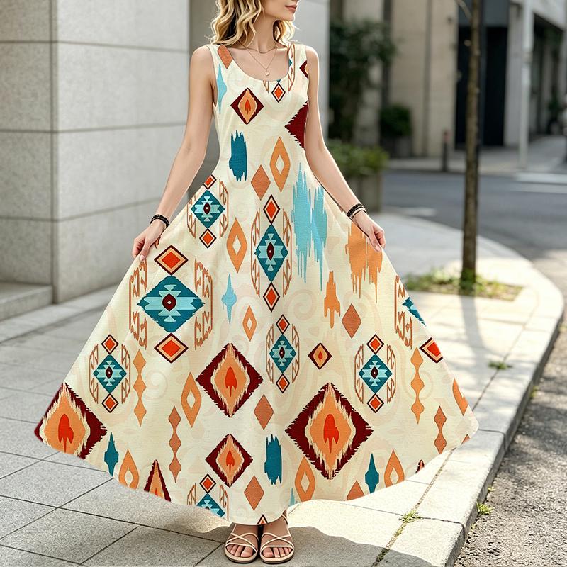 Women's Summer A-Line Maxi Dress,Ethnic Style Loose Sleeveless Flowy Lightweight Breathable,for Daily Casual & Outdoor Vacation Wear,Fashion Versatile
