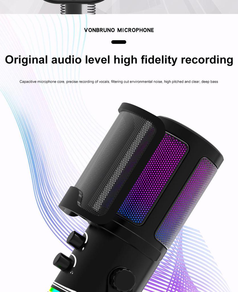 USB Capacitive Microphone with Noise Reduction & RGB Lights for Computer, Phone Recording, Gaming, Streaming & Video