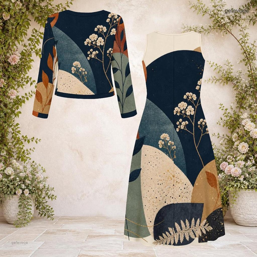 Women Plus Size Printed Round Neck Long Sleeve Cardigan Sleeveless Long Dress Two Piece Set