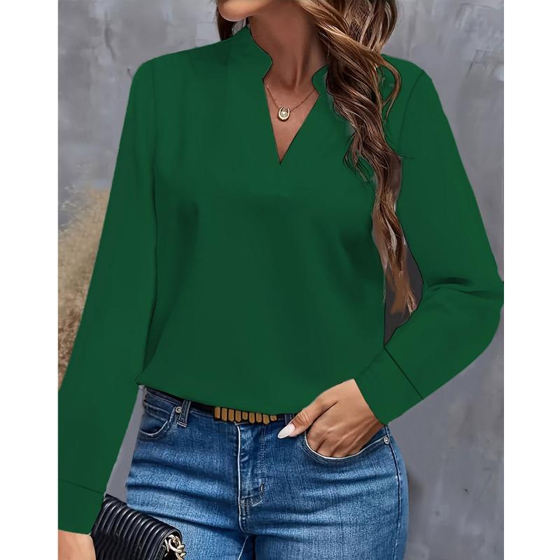 Independent Autumn Simple and Casual Solid-color V-neck Loose Shirt Top