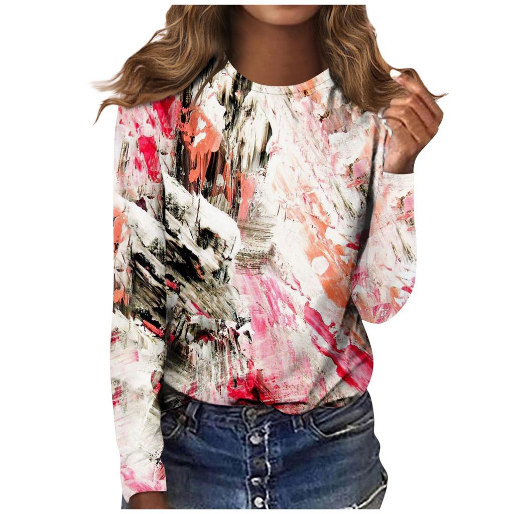 Women's Fashion Casual Long Sleeve Print Round Neck Pullover Top Blouse