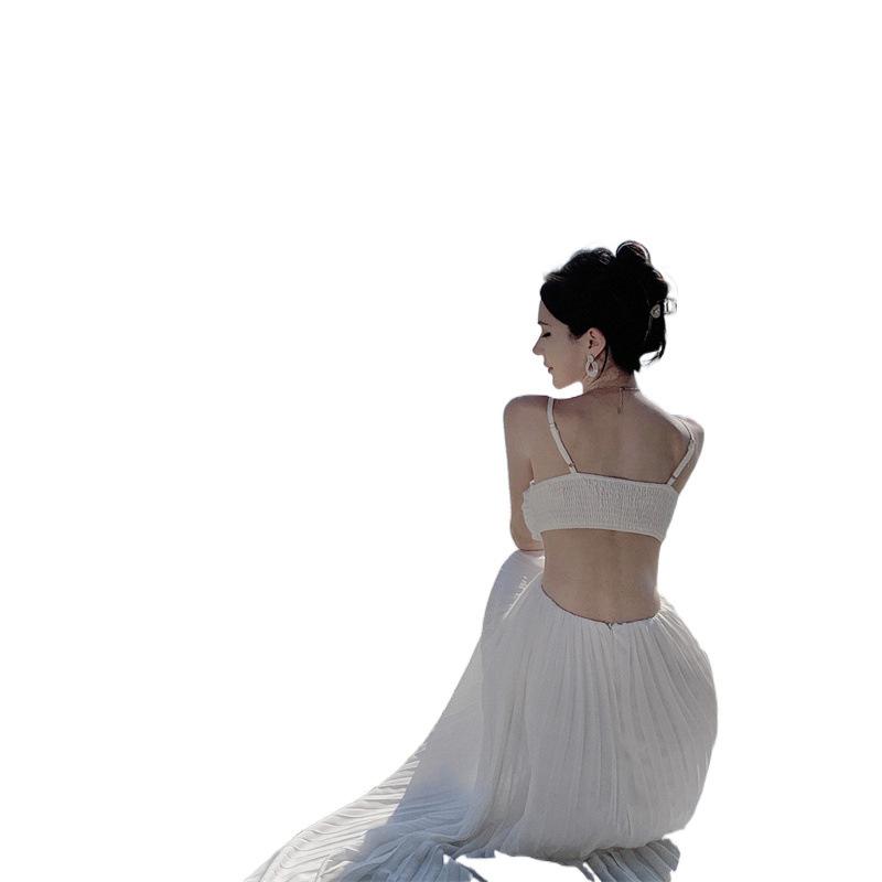 Heavy Industry Diamond Ornament Tube Top Suspender White Hollow Pleated Floor Mopping Dress Venus Dress Vacation Dress