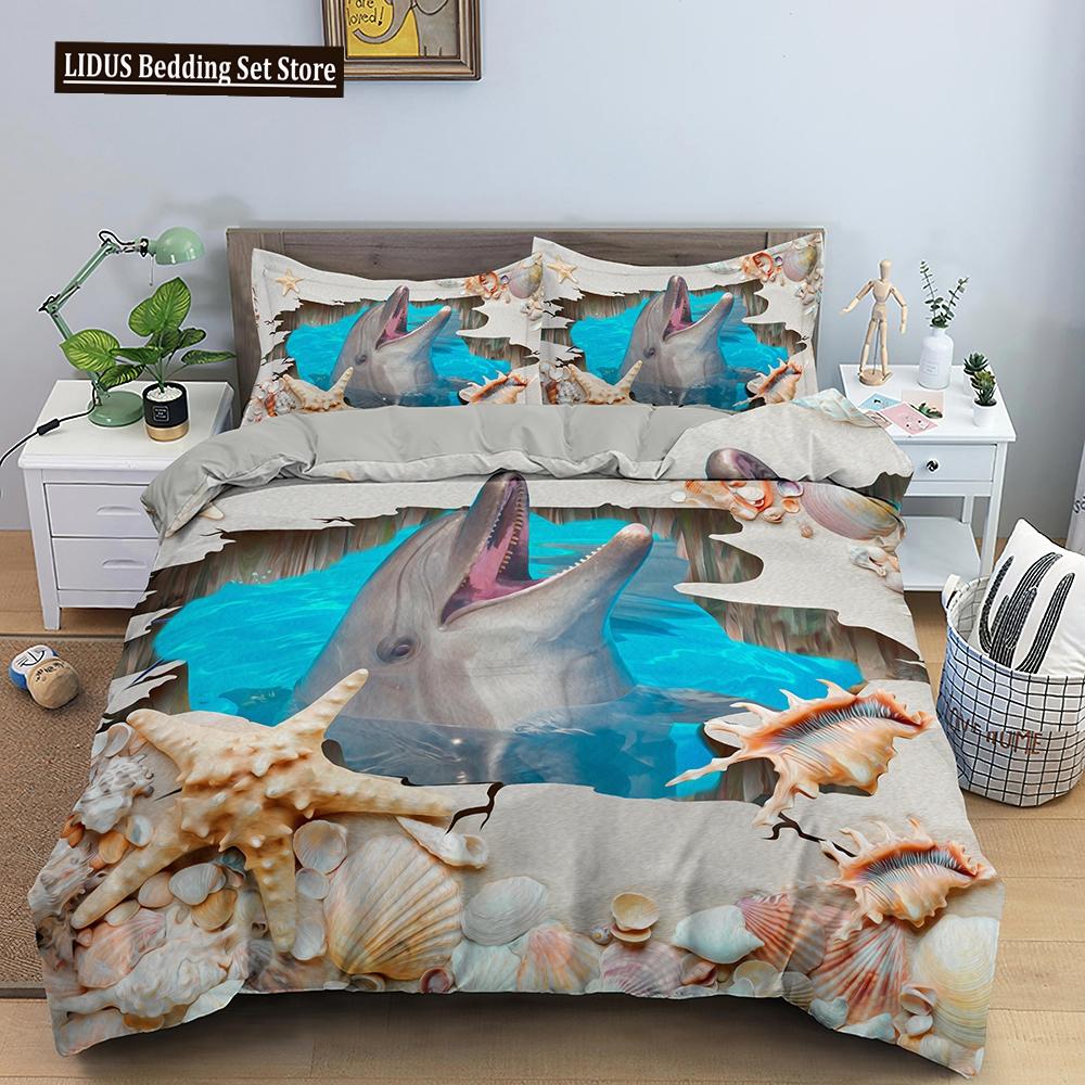 Dolphin Duvet Cover Set 2/3Pcs Marine Life Pillow Case Bedding Sets King Twin Full Queen Size Polyester Quilt Cover For Teens