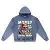 DTG Print Knitted Denim Zip-Up Hoodie Money On My Mind Brother Print Zipper Hoodies  