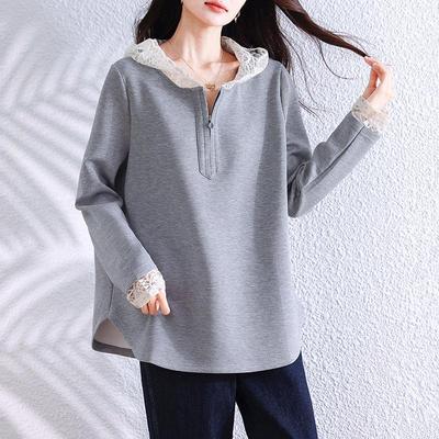 Plus Size Lace Patchwork Slimming Hooded Sweatshirt - Tummy Concealing and Age Reducing