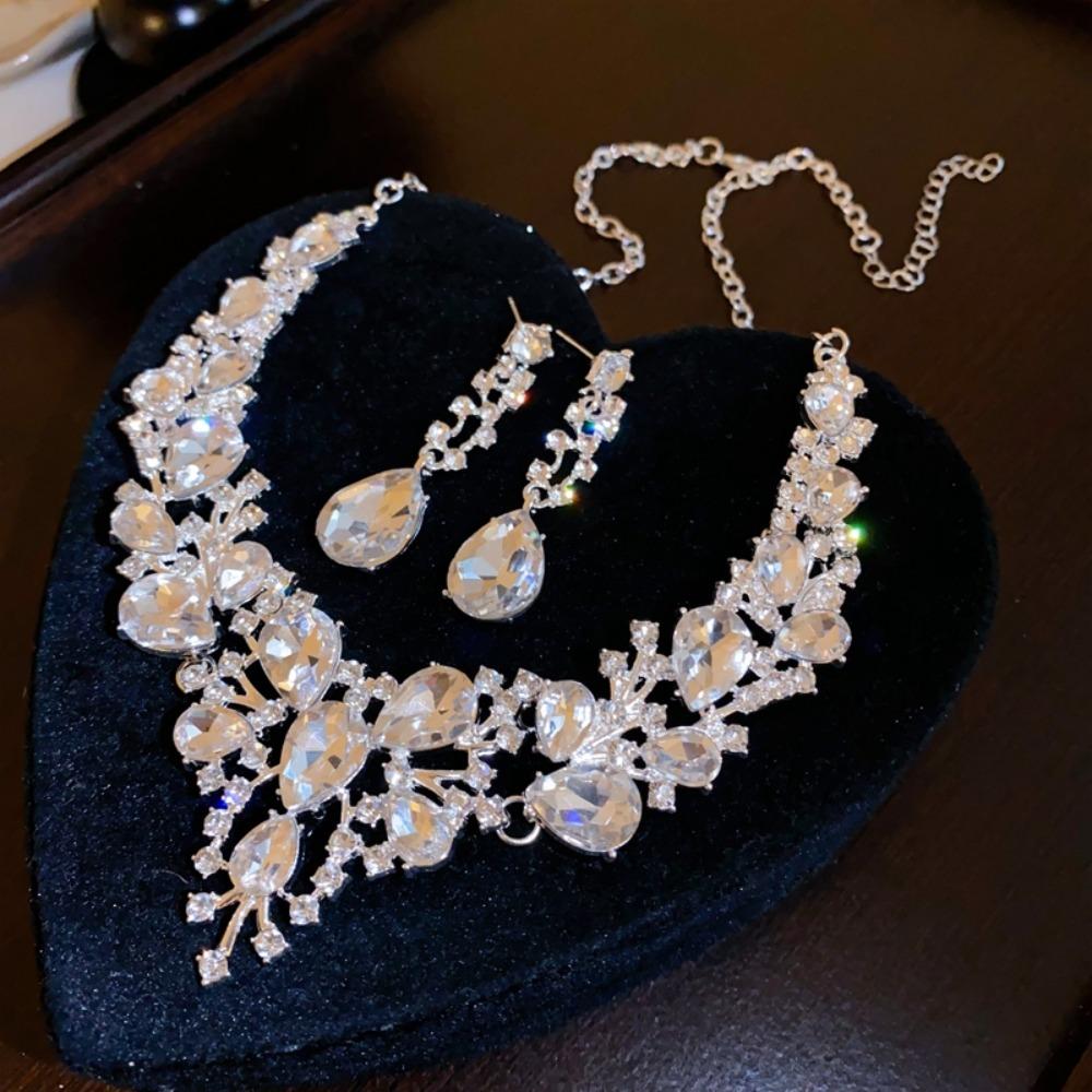 Luxury Sparkling Bride Necklace Waterdrop Crystal Tassel Earrings Rhinestones Pendant for Wedding Banquet