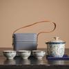 Blue & White Ru Porcelain Travel Tea Set - 1 Teapot 3 Cups, Portable Kung Fu Ceremony Kit with Lotus Pattern & Compact Case
