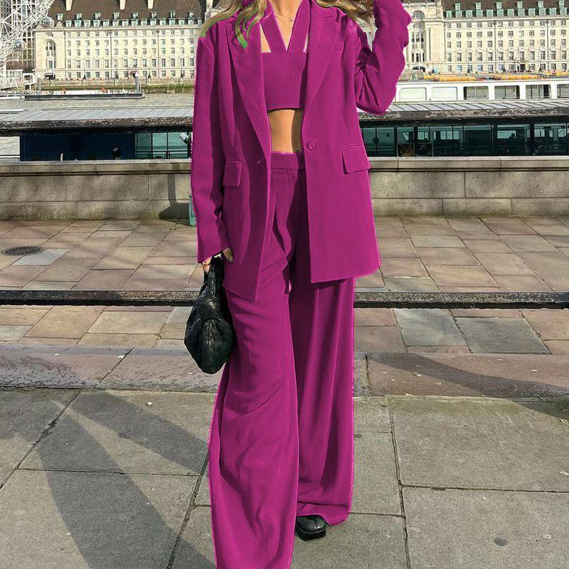 

Casual Three Piece Suit for Women Fashion Elegant Long Sleeve Suit Coat Casual Pants Fuchsia XL
