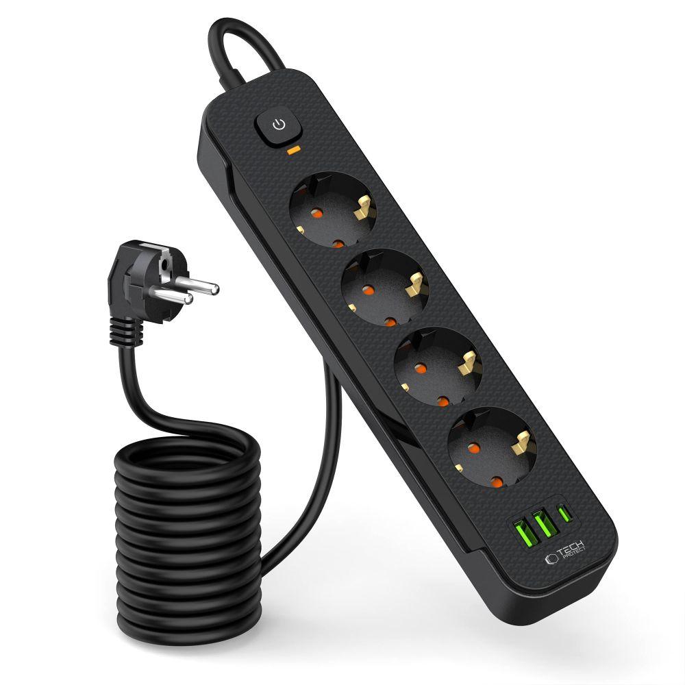Tech-Protect Pcl4X3 Power Strip Long 2 Usb & 1 Type-C & 4 Socket 200Cm Black