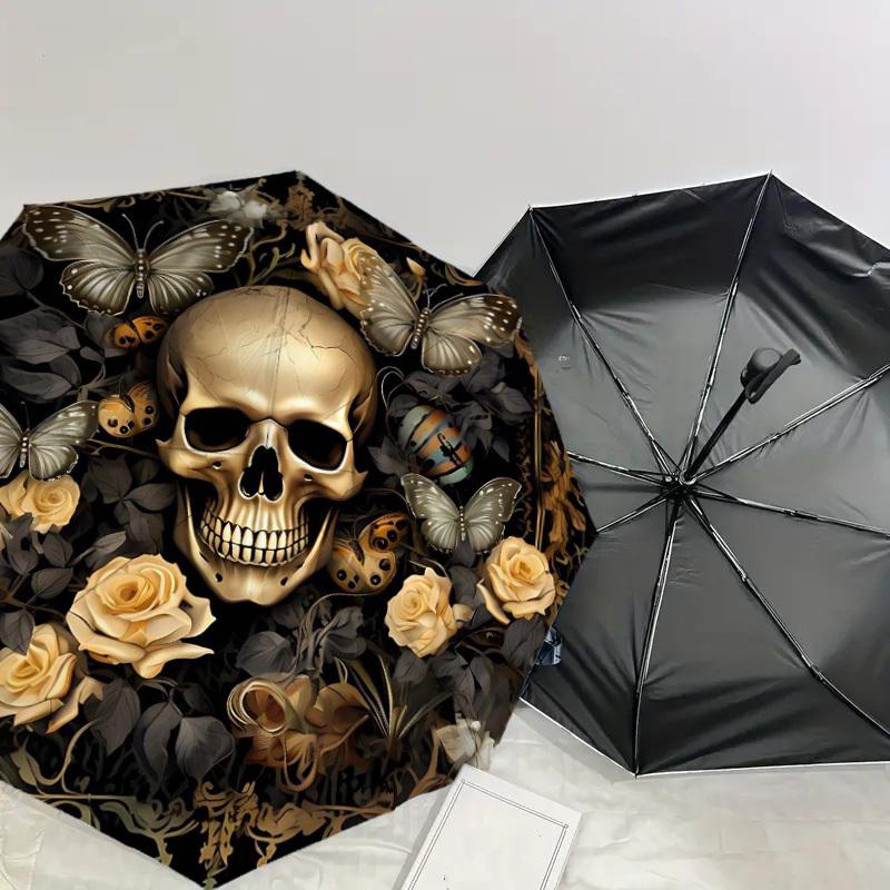 1PC Skull Flowers Umbrella-8-Rib Reinforced, Automatic Open, Lightweight & Durable, Fashion Accessory for Outdoor-D318