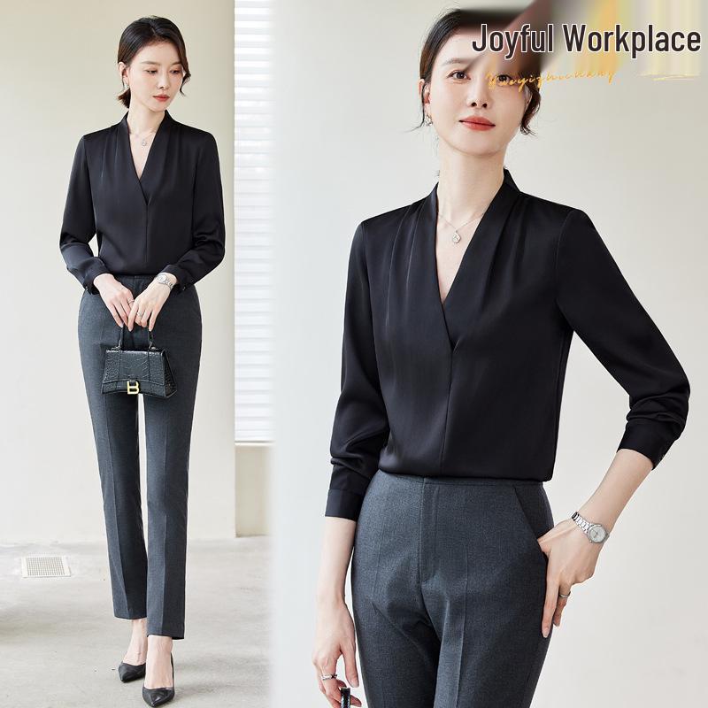 

Women s V-Neck White Chiffon Shirt - Long-Sleeve Formal Top for Professional Interviews & Suits (Spring/Autumn) XL