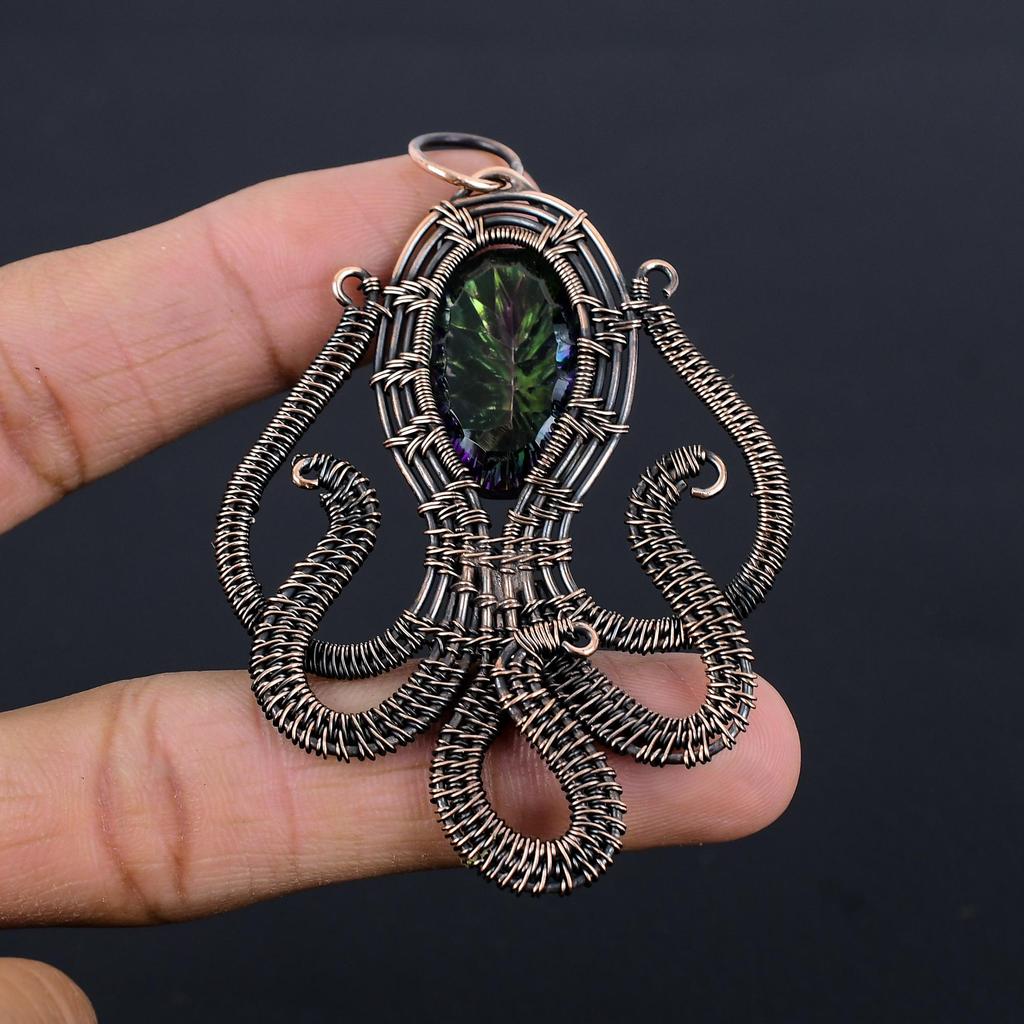 Rainbow Mystic Topaz Pendant, 999 Copper Wire Wrapped Gemstone Jewelry, Handmade Pendant, For Thanksgiving