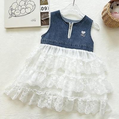 Ärmelloses Denim-Spitzen-Patchwork-Kleid für Mädchen - Sommer 2026 Prinzessinnen-Stil