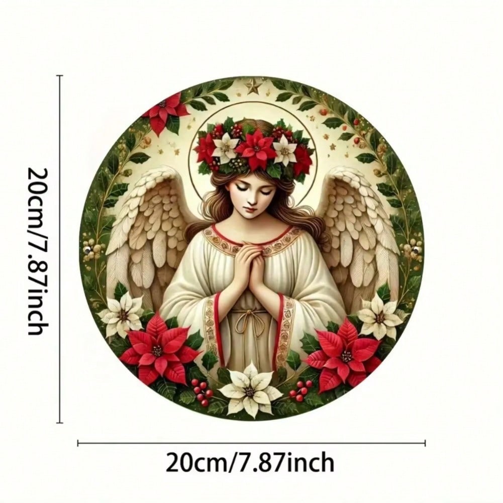 Praying Angel Round Aluminum Wall Art with Floral Wreath Bunny Home Decor