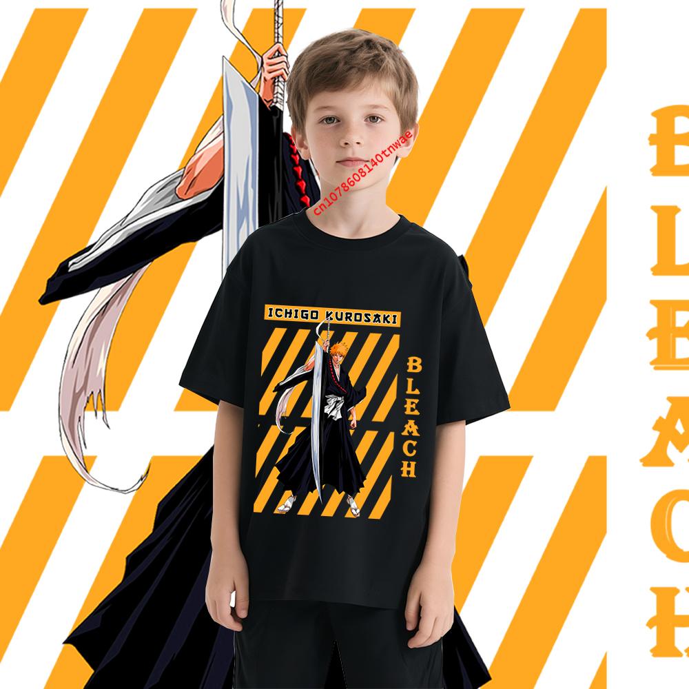 Bleach Ichigo Kurosaki Anime Print Cotton T Shirt for Boys Cartoon T shirts Kids Short Sleeve Tee Childrens Clothing