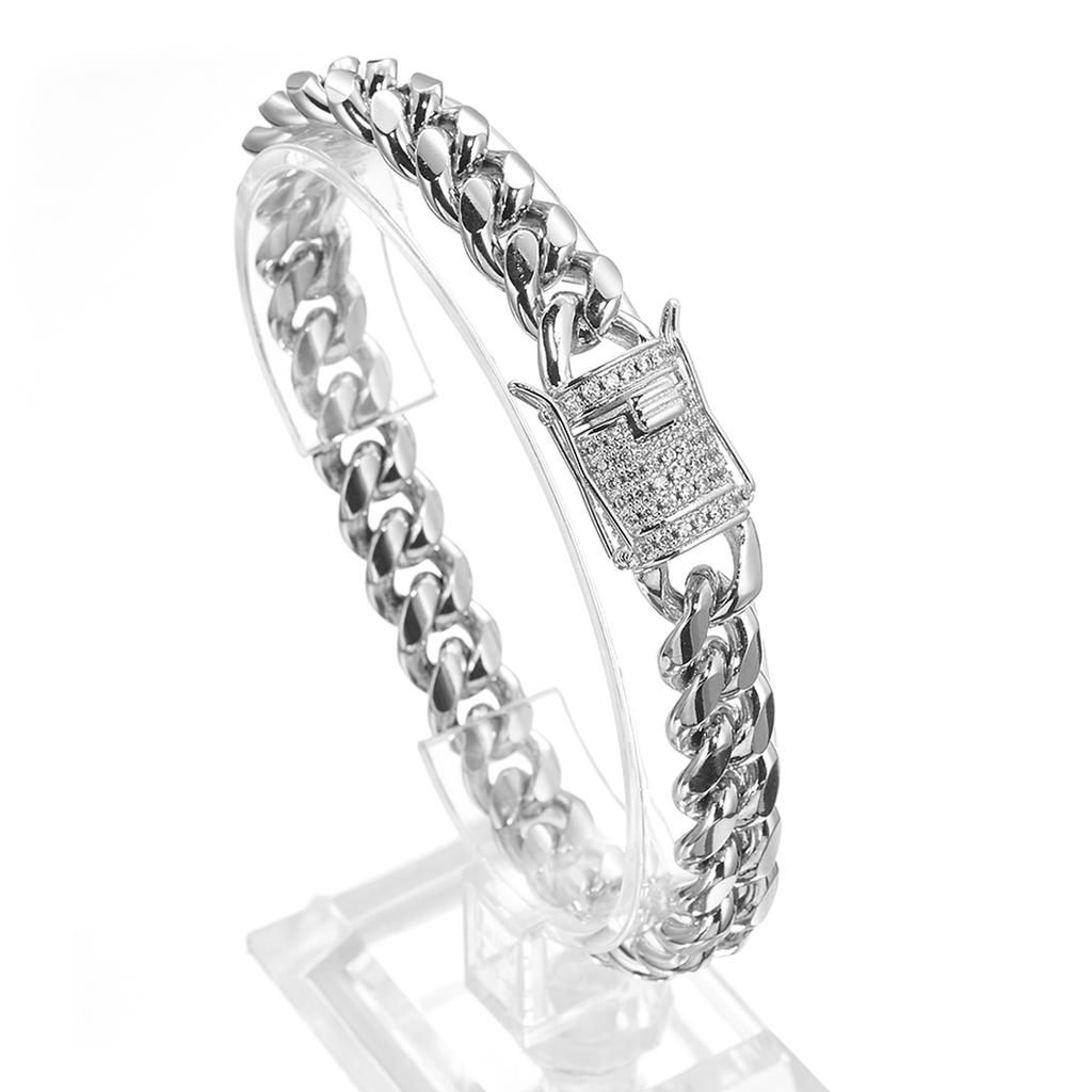 2019 Neuankömmling 8/10/12/14/16/18 mm Edelstahl Miami Curb Cuban Chain Kristallarmband Casting Lock Verschluss Herren Gliederschmuck