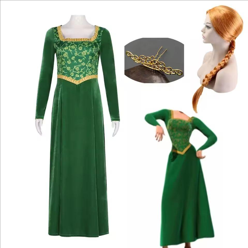 Costume de Cosplay Princesse Fiona d'Anime Tenue Cosplay Fiona Verte Femme Épouse de Shrek Perruques Tenue Pour Dames Femmes Longue Robe Halloween Hea M