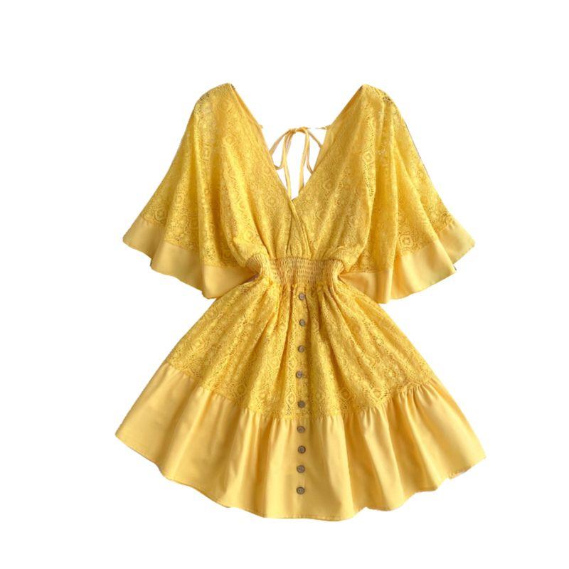 Vacation Style 2024 Summer New Arrival Niche Style Sexy Deep V-neck Lace Patchwork Waist-Slimming Sweet Flare Sleeve Dress