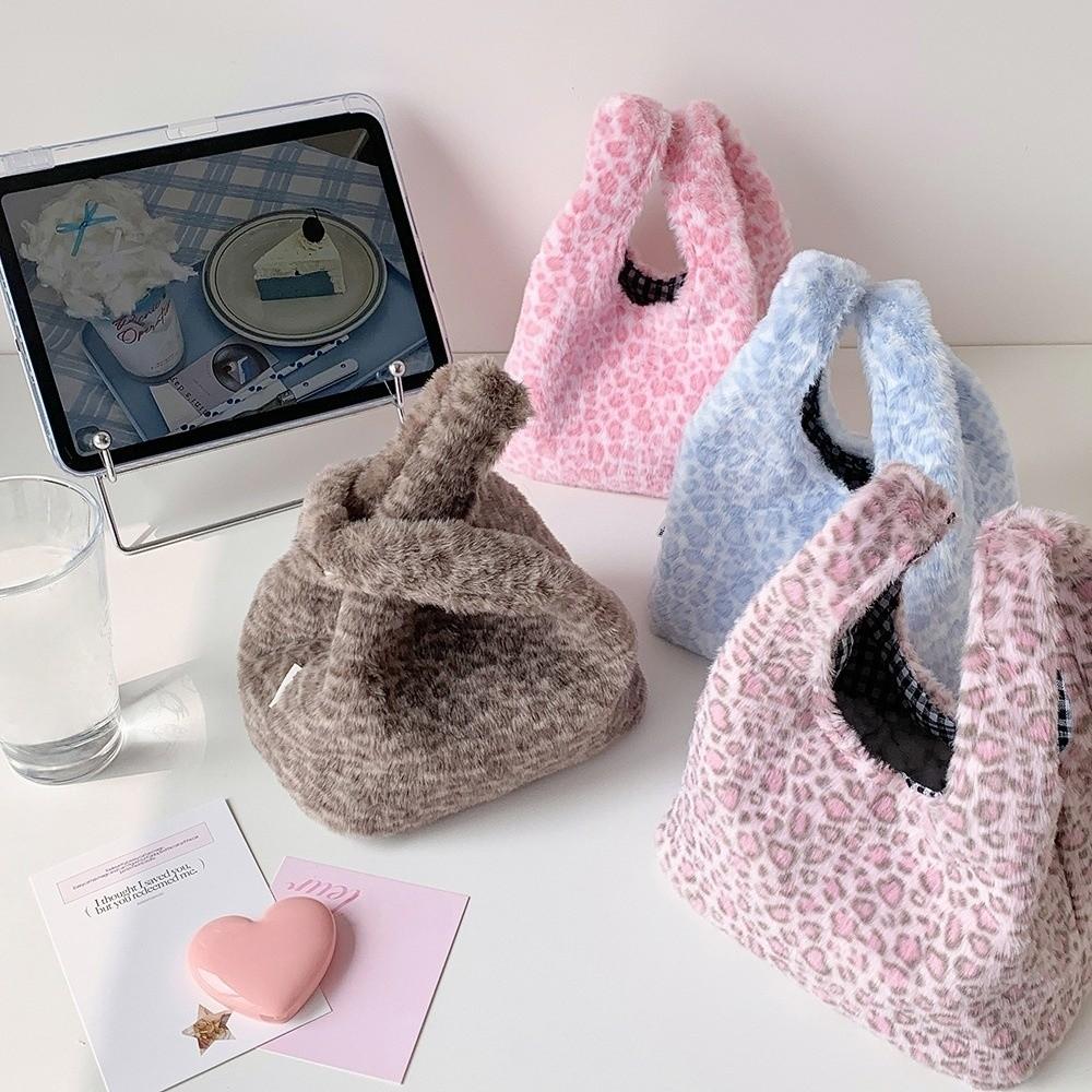 Storage Leopard Print Plush Handbag Tote Bags Hand Purses Korean Underarm Bags Flower Pattern Leopard/Stripe Fluffy Storage Bag