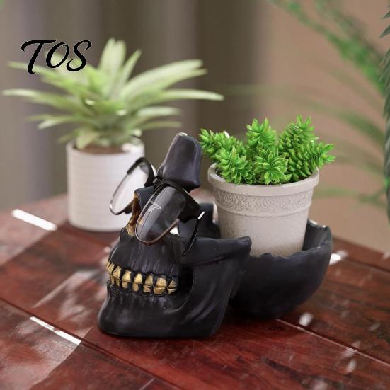 Distressed Skull Ornament Resin Multifunctional Storage Tray, Gothic Eyeglasses Holder Jewelry Organizer for Unique Eyeglass Keys Coins Trinkets,
