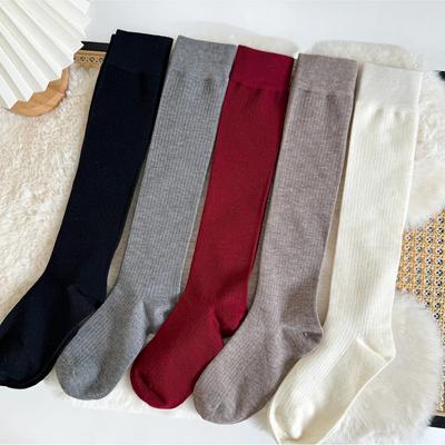 Meias de Tricô de Algodão para Mulheres Outono e Inverno Meias Simples até o Joelho para Meninas Escolares Cor Sólida Preto Branco Cinza Meias Longas Meia