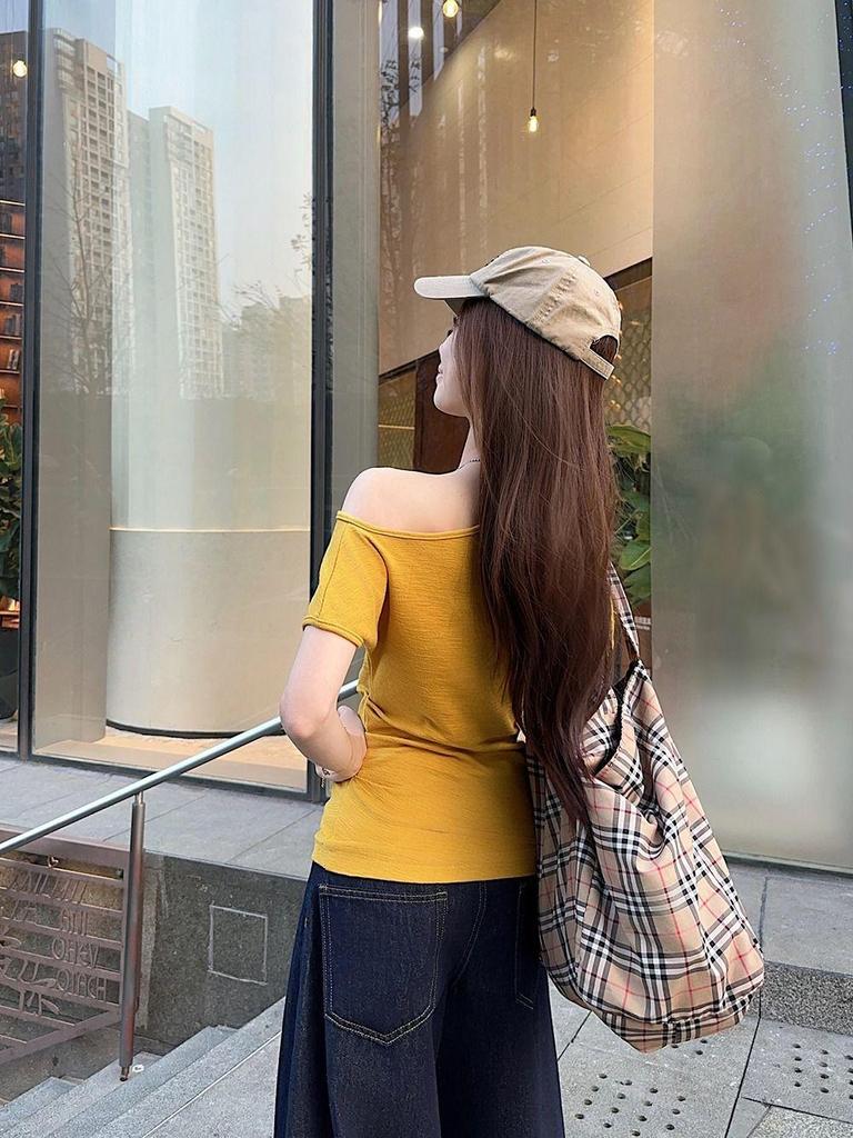 Korejské Niche Žluté Bodycon Tričko s Jedním Ramenem pro Ženy - Letní Top Zeštíhlující Pas