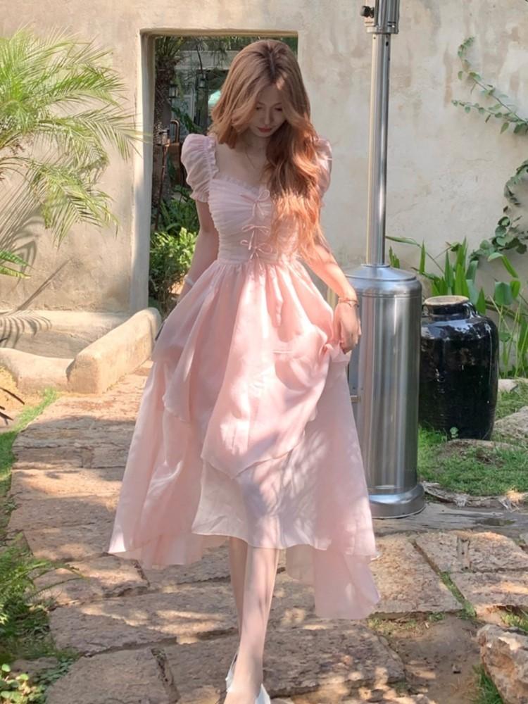 office summer pink dress Summer Elegant Ruffle Party Dress Women Casual O-Neck Sleeveless Lace-up Dresses 2021 Office Lady Fashion White Pink Dress Robe Blue / XL