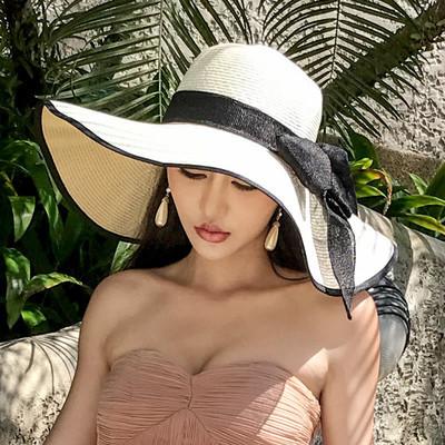 Straw hat women's summer sun protection extra large brim sun hat beach seaside vacation sun hat foldable hat tide
