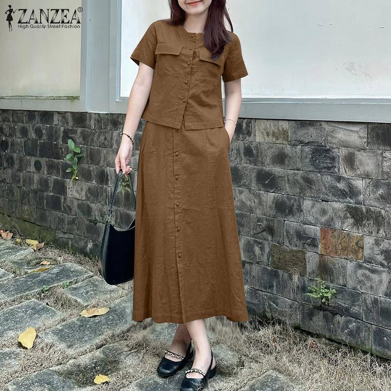 ZANZEA Women Short Sleeve Blouse and Long Skirts Summer Two Piece Suit Sets
