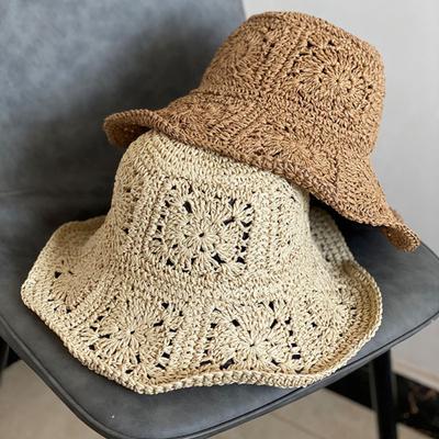 Frauen Sommer Einfarbig Häkeln Stroh Hut Faltbare Breite Krempe UV Schutz Hohl Atmungsaktive Strand Eimer Sonnenhut