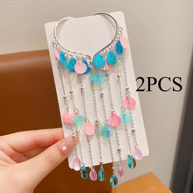 1/2PCS. Girls' Mermaid Hair Accessories: Dreamy Forehead Chains, Princess Tassel Clips & Shell Ear Cuffs,  Adorable  Ornaments
