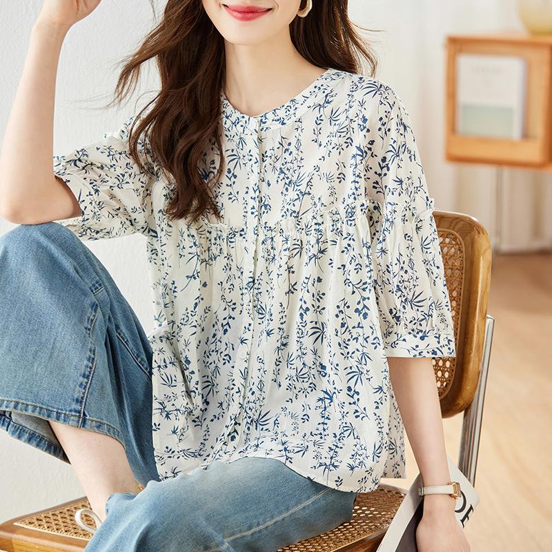 

Женская летняя футболка с коротким рукавом с мелким цветочным принтом, новый нишевый дизайн, универсальный топ из чистого хлопка XXL