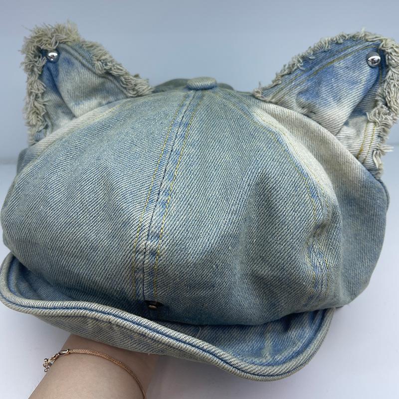 

Японская шляпа с кошачьими ушками с откидным козырьком нового стиля для женщин, восьмиугольная шляпа в винтажном стиле, универсальный берет, милая джинсовая шляпа газетчика M（56-58cm）