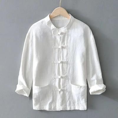 Men Shirt Chinese Style Solid Color Knot Button Single-breasted Stand Collar Mid Length Long Sleeves Loose