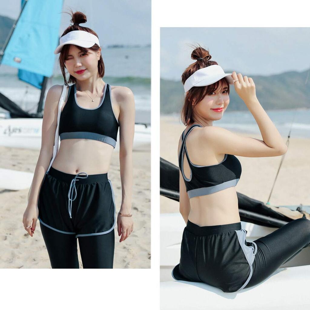 Teddy Women's 5-Piece Fitness Swimsuit Set, Long Sleeve Rash Guard, Bikini, and Leggings (Gray, Size L (11)) (hys2453)