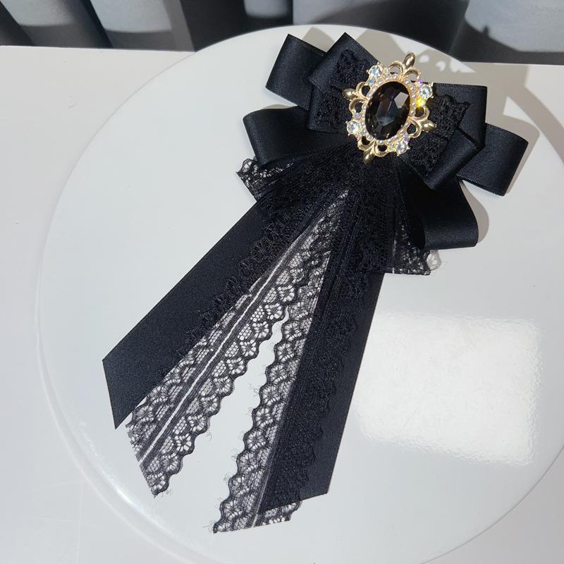 Korean Version Lolita Lace Bow Tie Women's Collar Flowers Ribbon Black Bowkont High-end Rhinestone Shirt Brooch Handmade Jewelry