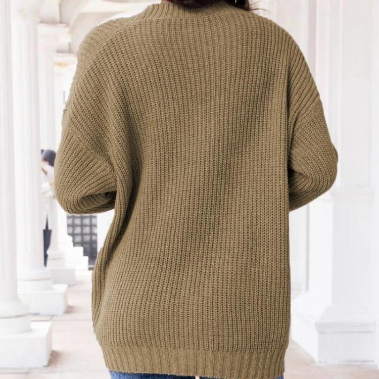 Women's V-neck Solid Color Knitted Cardigan Loose Single-breasted Sweater for Spring and Autumn