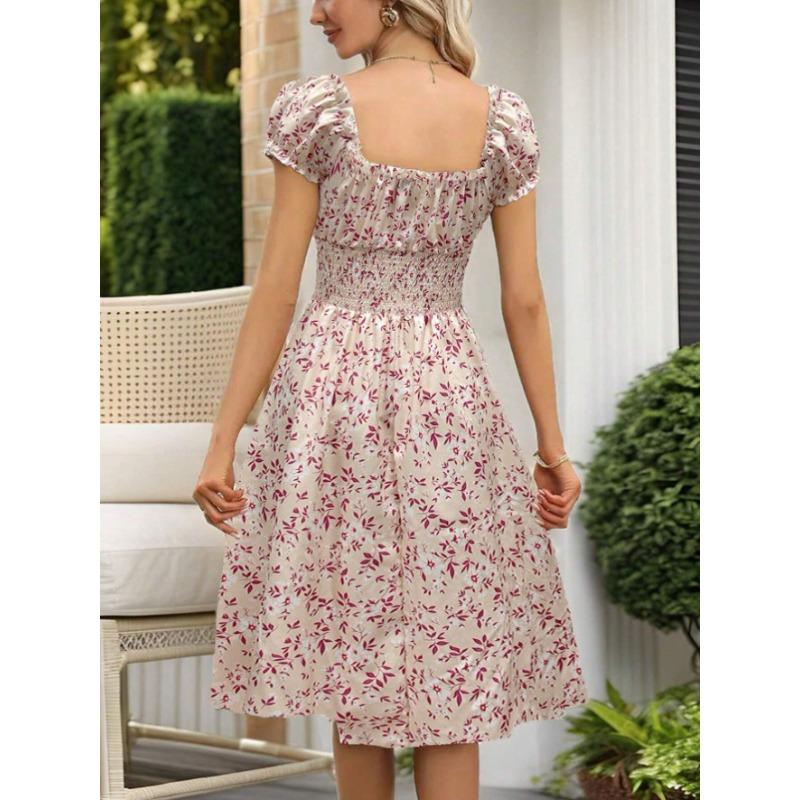 אופנה נשים קיץ אביב דפוס פרח דפוס הדפסה שרוולים קצרים צווארון V גבוה מותן שמלות קז'ואל