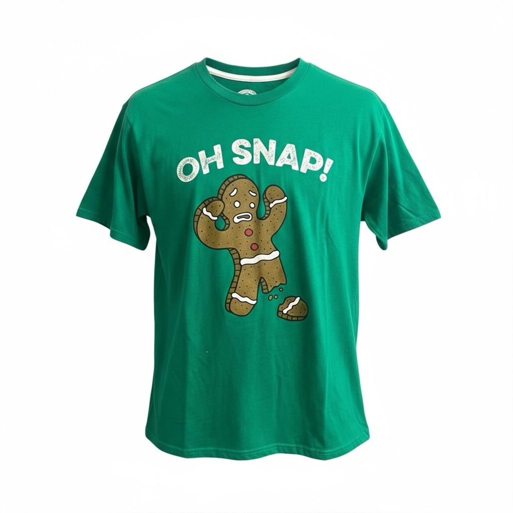 Gingerbread Man Oh Snap Christmas T-shirt Large Green Brown Crewneck SS Holiday 2XL