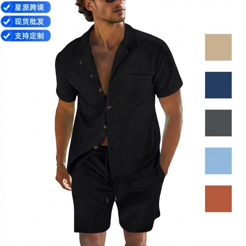 Men S Summer Thin Short Sleeve Cuban Collar Shirt And Shorts Casual Two Piece Set