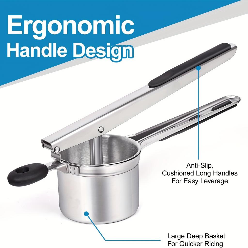 Stainless steel potato masher with silicone handle, potato press, potato purer, with interchangeable mesh