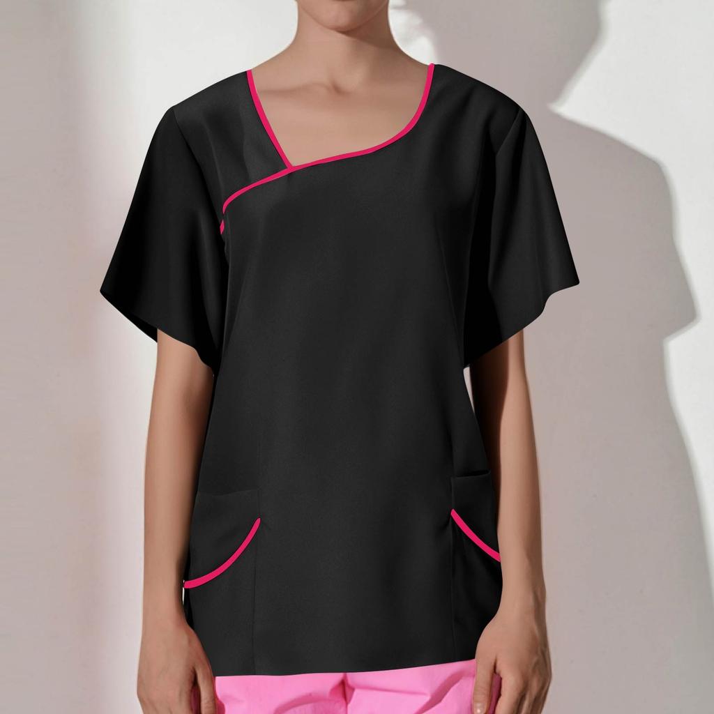 Damen Mode Kurzarm Gemusterte Oberteile Tasche Arbeits T-Shirts