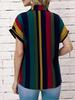 Damen Vintage Gestreifte Kurze Fledermausärmel Hemdkragen Bluse, Polyester Material, Knopfleiste Vorne, Herbst Essential Lässig Sommer