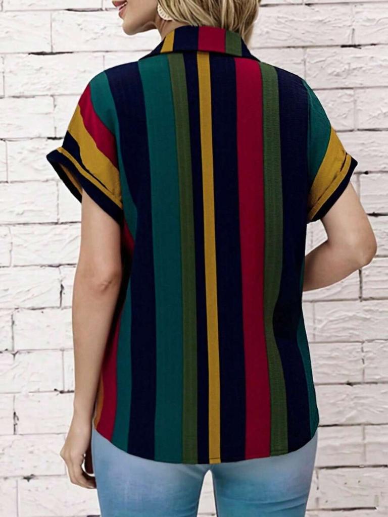 Damen Vintage Gestreifte Kurze Fledermausärmel Hemdkragen Bluse, Polyester Material, Knopfleiste Vorne, Herbst Essential Lässig Sommer