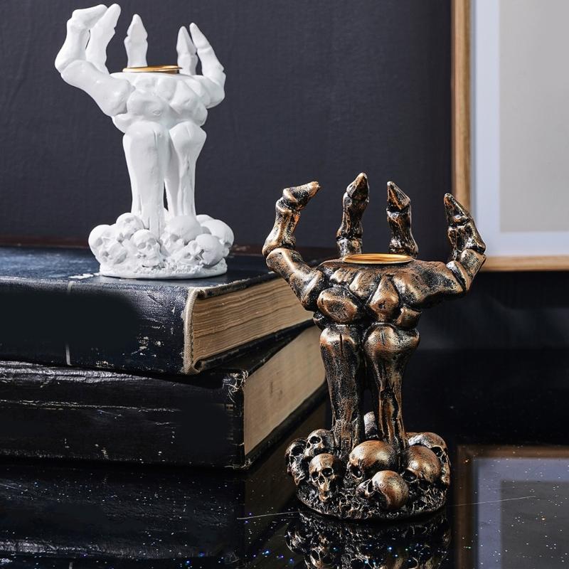 Resin Skeleton Hand Decors Candle Holders, Gothic Accent Rings, Bracelets, Necklace Stand for Halloween Centerpieces, Shelves, and Mantels Displays