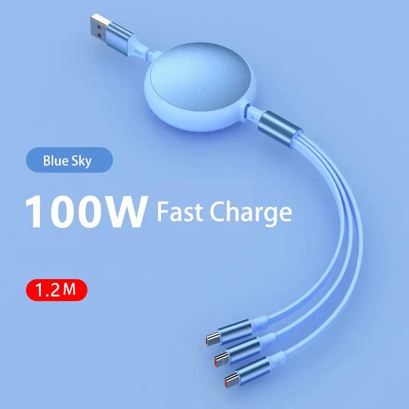 3 in1 Fast USB Cable 6A 100W Data Cable Retractable Portable Charging Line Micro USB Type C Charger Cable For Iphine / Samsung