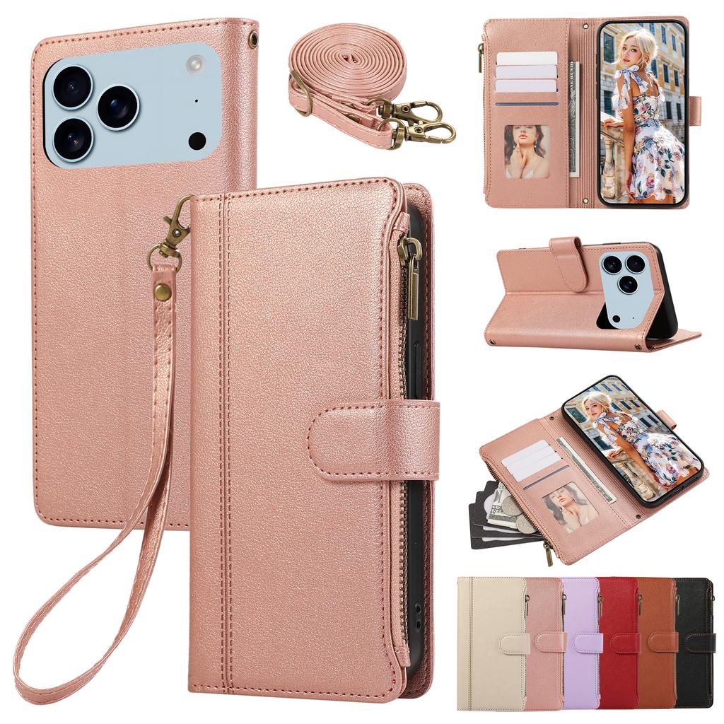Crossbody Wrist Strap Wallet with Card Holder Phone Case for IPhone 17 Air 16 Plus 15 14 13 12 11 Pro Max XS XR Leather Cover